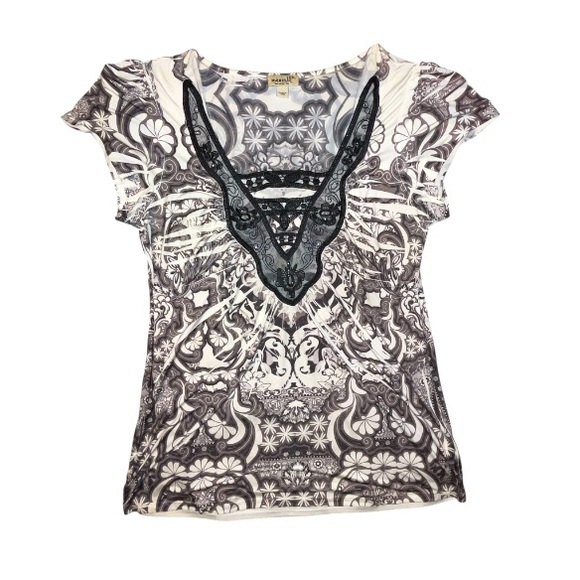 ONE WORLD Tops - One World Boho Lave Detail Shirt Sleeve Shirt V Neckline Black Grey Wht Size XL